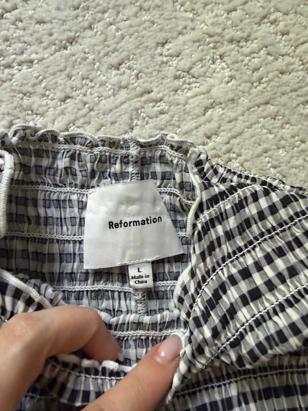 Reformation Black and White Smocked Gingham Peplum Top - Picture 3 of 3